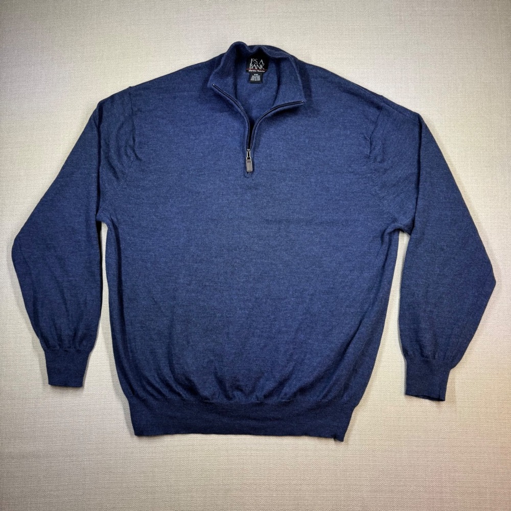 Jos A Bank Signature Mens 100% Italian Merino Wool Quarter Zip Sweater Blue XXL